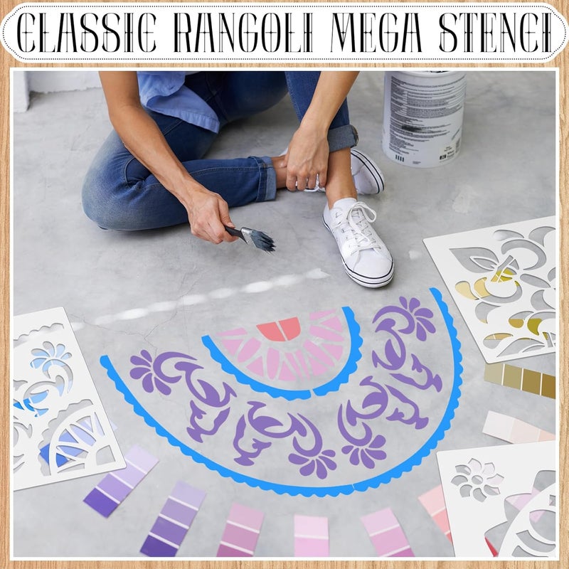 Watersay 6 Set Diwali Large Rangoli Stencil 11" x 11" Reusable Plastic Mandala Painting Stencil Indian Traditional Festival Painting on Wood Floor Wall Tile Fabric Furniture DIY Craft(Classic Style) - Image 4